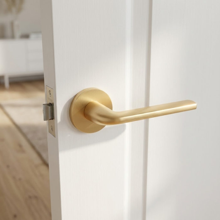 Oleandro - Matt Gold Matt gold Oleandro on Round Rosette fitted to a white interior door, showcasing the warm metallic finish of these versatile round internal door handles.