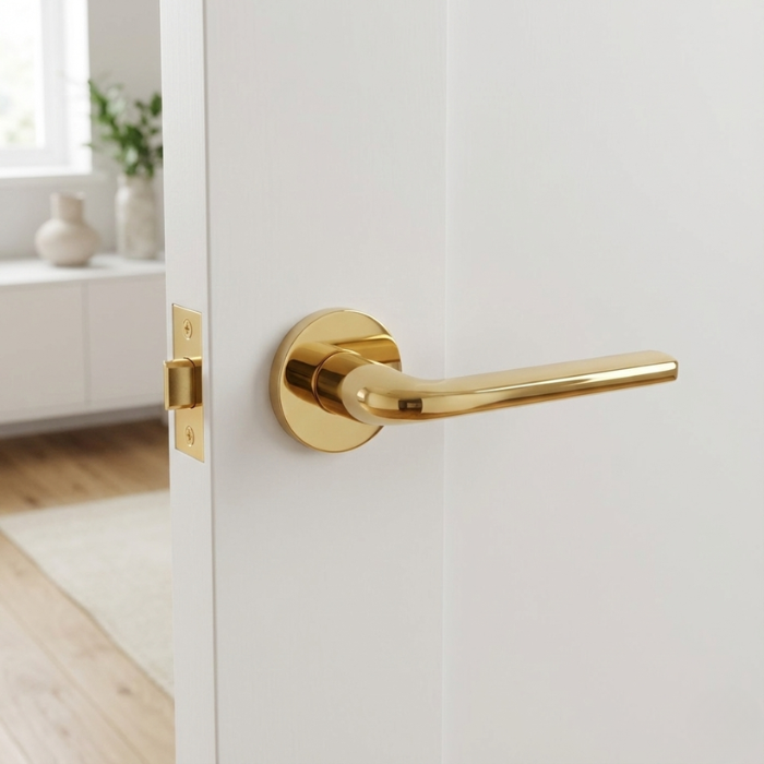 Oleandro - PVD Gold PVD gold Oleandro on Round Rosette displayed on a white door, emphasising the premium finish of these versatile round internal door handles.