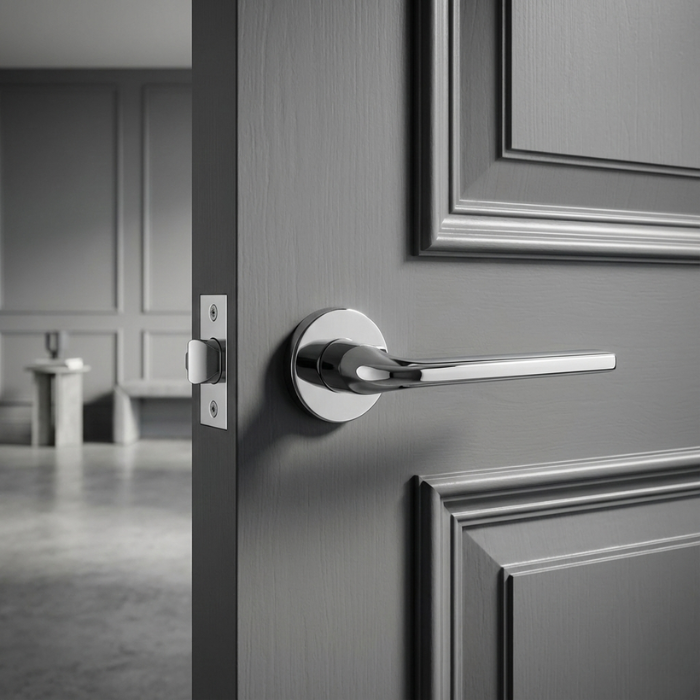 Oleandro - Polished Chrome Polished chrome Oleandro on Round Rosette installed on a grey panel door, reflecting the modern shine of these versatile round internal door handles.