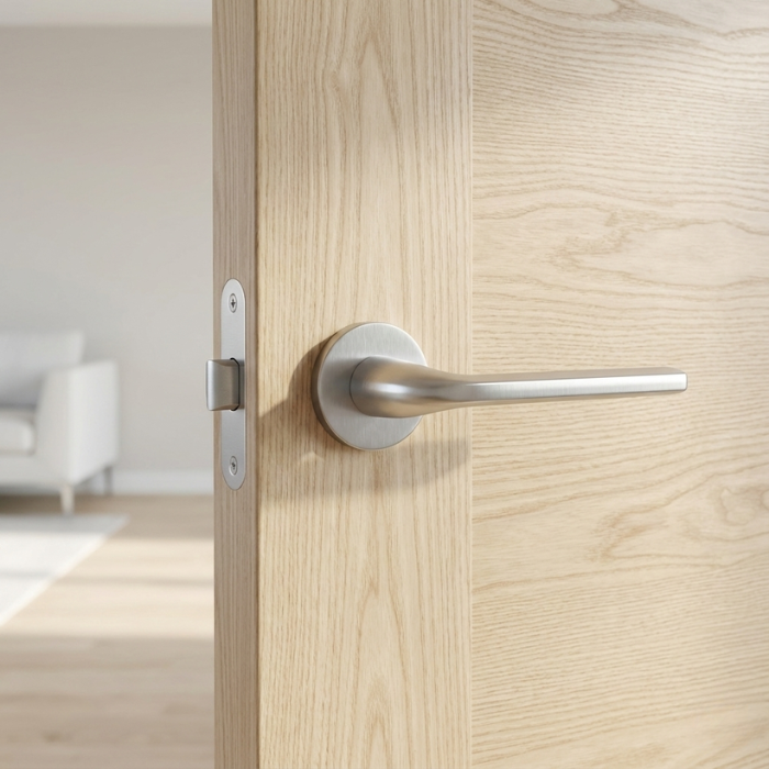 Oleandro - Satin Chrome Satin chrome Oleandro on Round Rosette mounted on a natural oak door, highlighting the subtle brushed texture of these versatile round internal door handles.
