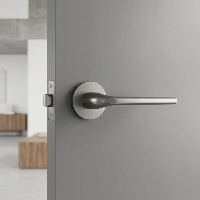 Oleandro - Titanium Titanium Oleandro on Round Rosette featured on a grey door, presenting the contemporary tone of these versatile round internal door handles.