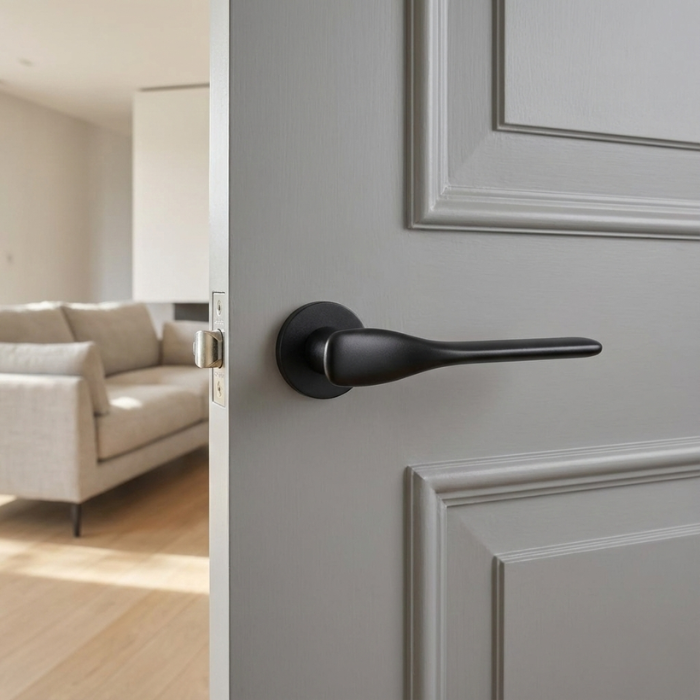 Orchide - Matt Black Matt black Orchide on Round Rosette, showcasing elegant curved door handles on a grey internal door.