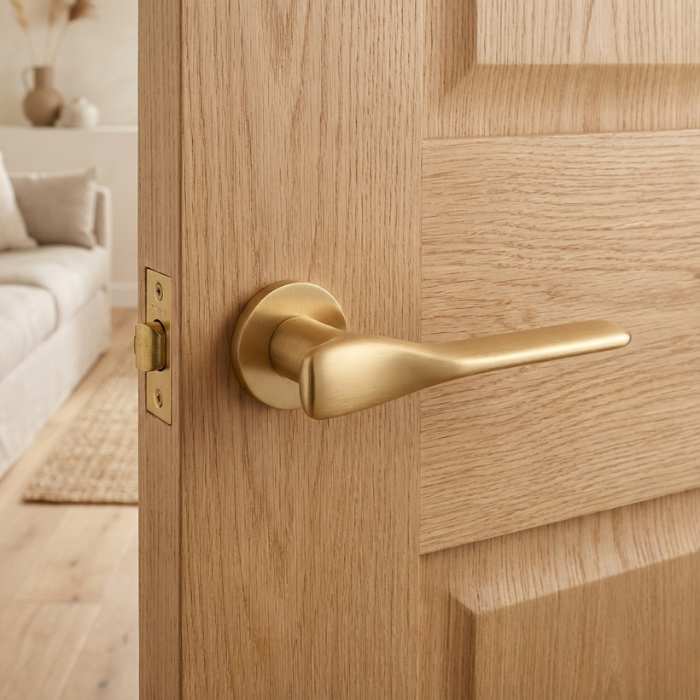 Orchide - Matt Gold Matt gold Orchide on Round Rosette fitted to an oak door, featuring elegant curved door handles for modern interiors.