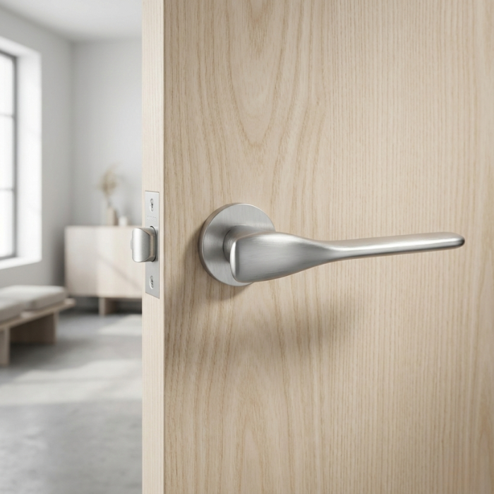 Orchide - Satin Chrome Satin chrome Orchide on Round Rosette on a pale wood door, offering elegant curved door handles in a sleek brushed finish.