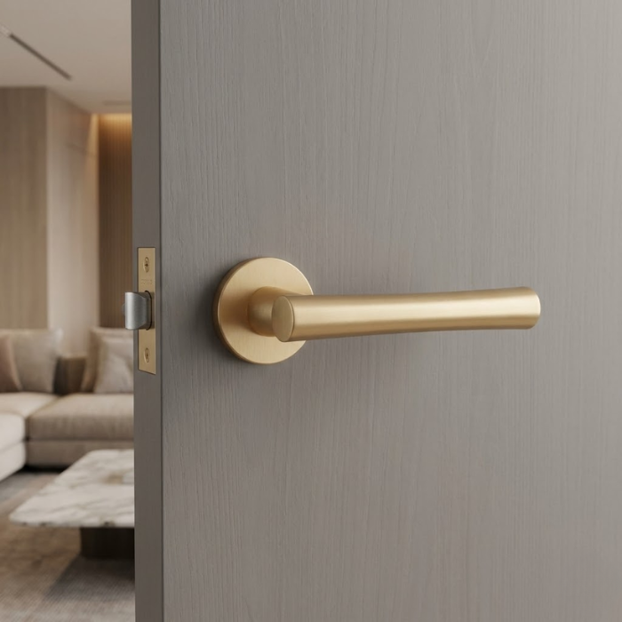 Papavera - Matt Gold Papavera on Round Rosette in matt gold, a classic round door handle fitted to a grey internal door.