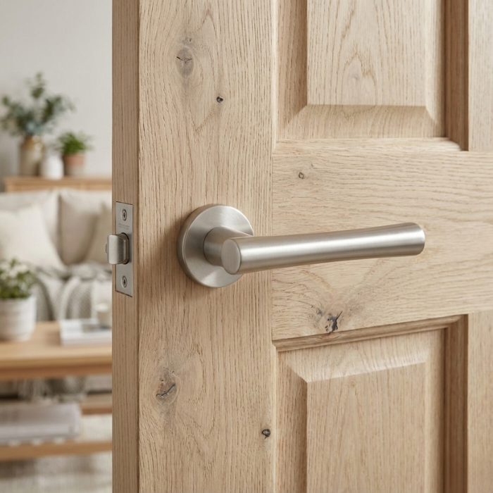 Papavera - Satin Nickel Papavera on Round Rosette in satin nickel, classic round door handles installed on a natural oak internal door.