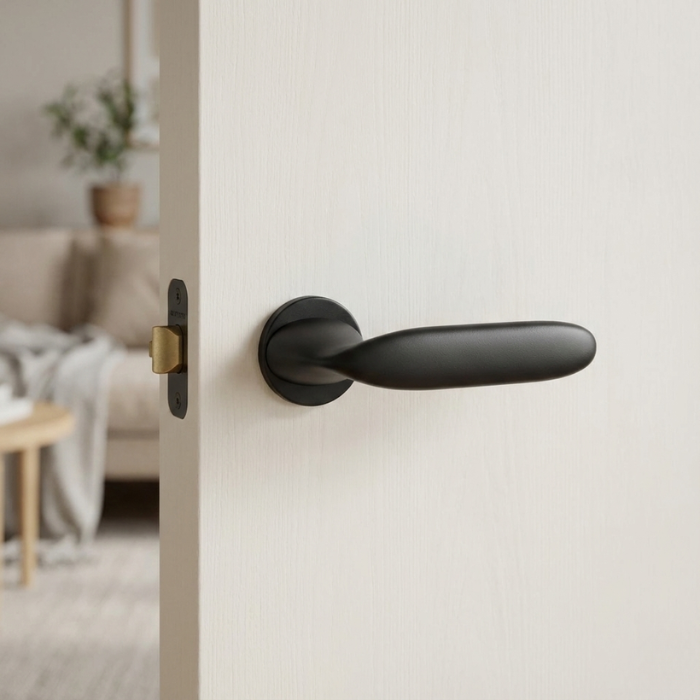 Peonia - Matt Black Peonia on Round Rosette in matt black, premium round internal handles for modern interior doors.
