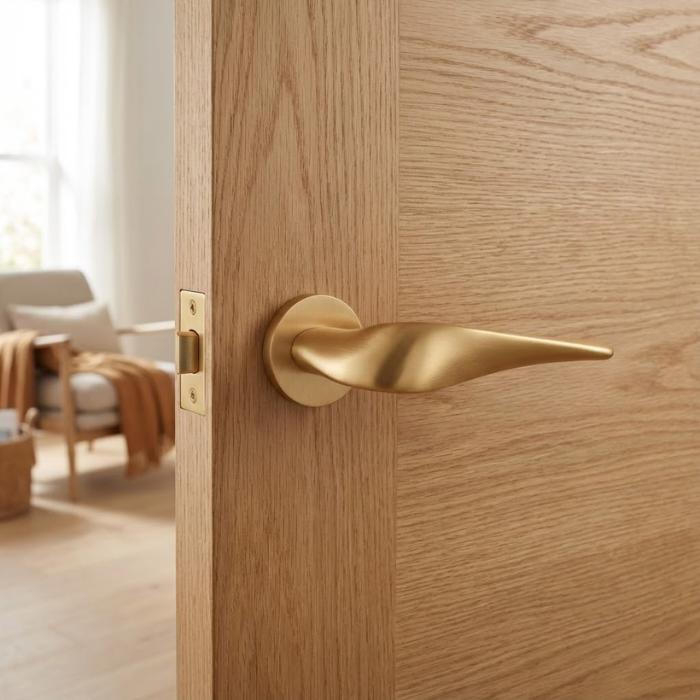 Petunia - Matt Gold Petunia on Round Rosette in matt gold, featuring sculpted round door handles on a natural oak interior door.