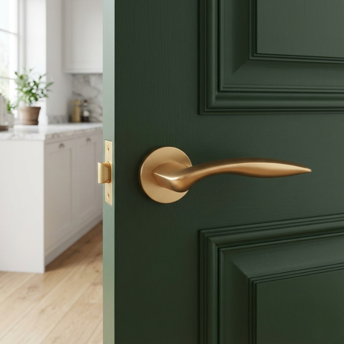 Robinia - Matt Gold Robinia on Round Rosette in matt gold, minimalist round internal handles styled on a deep green door.