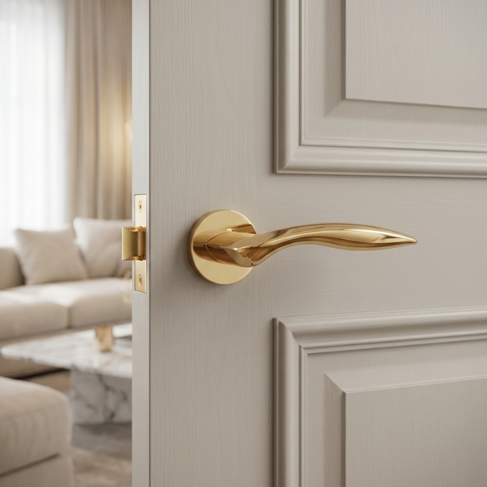Robinia - Polished Gold Robinia on Round Rosette in polished gold, minimalist round internal handles shown on a neutral paneled interior door.