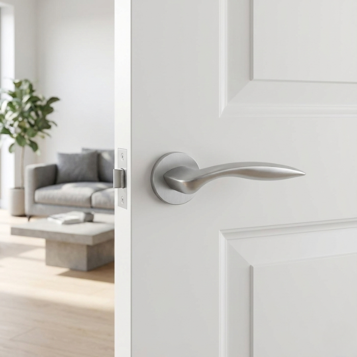 Robinia - Satin Chrome Robinia on Round Rosette in satin chrome, minimalist round internal handles installed on a white interior door.