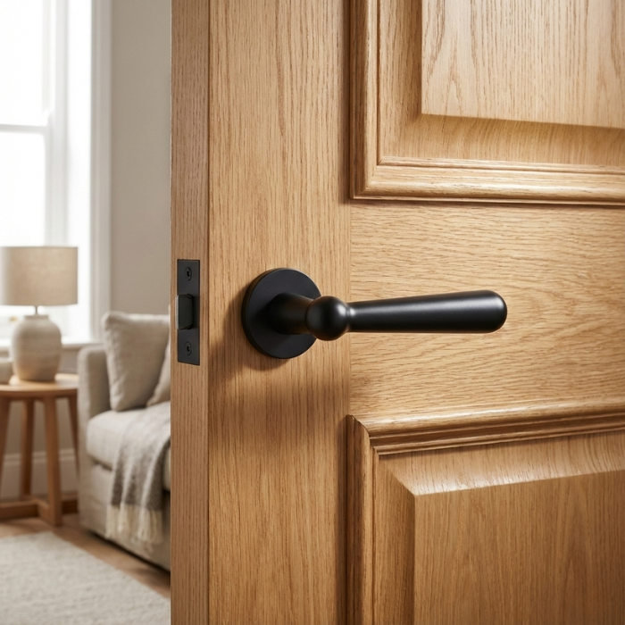 Rosemary - Matt Black Rosemary on Round Rosette in matt black, featuring classic round internal door handles on a traditional oak door.
