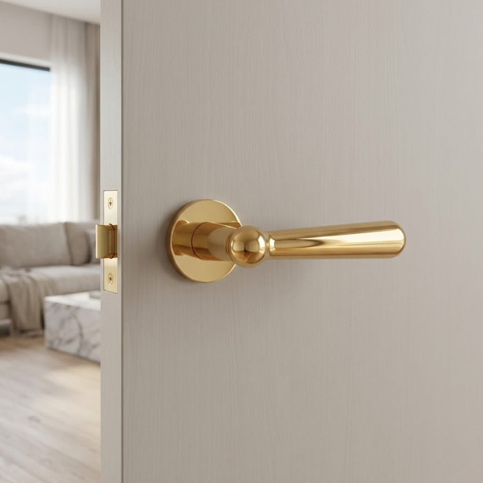Rosemary - Polished Gold Rosemary on Round Rosette in polished gold, showcasing classic round internal door handles on a light interior door.