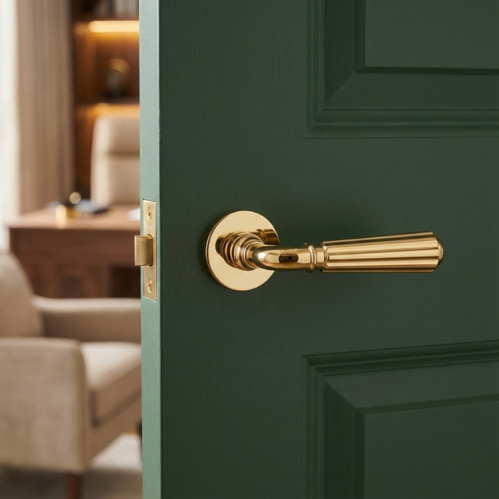 Utrica - PVD Gold Modern round internal door handle in PVD gold, Utrica on Round Rosette fitted to a green interior door.