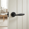 Matt black Verbena on Round Rosette, a sleek premium round door handle fitted to a white internal door.