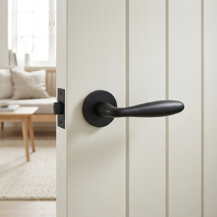 Verbena - Matt Black Matt black Verbena on Round Rosette, a sleek premium round door handle fitted to a white internal door.
