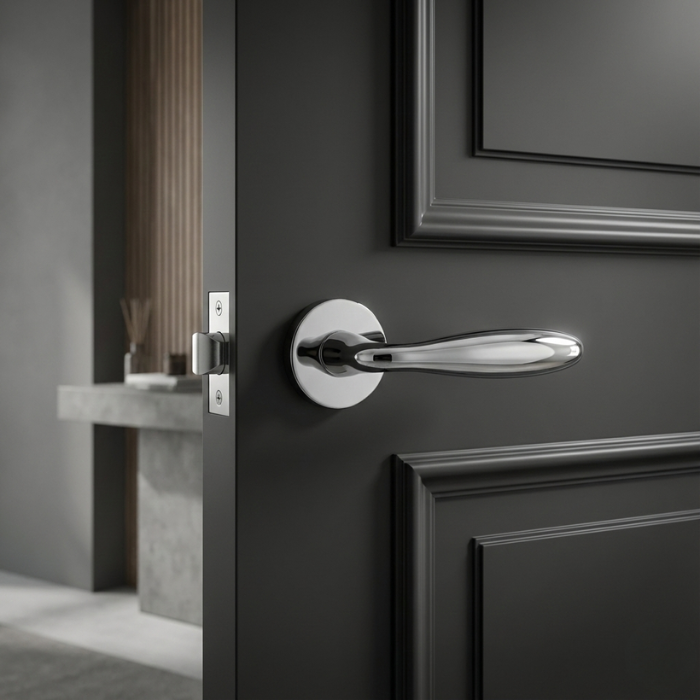 Verbena - Polished Chrome Polished chrome Verbena on Round Rosette showcasing premium round door handles on a dark internal door.