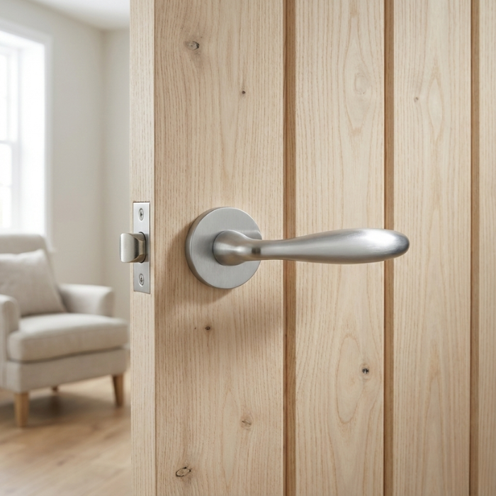 Verbena - Satin Chrome Satin chrome Verbena on Round Rosette installed on a natural wood internal door, highlighting premium round door handles.