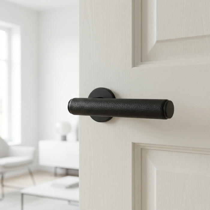 Egeria - Matt Black and Black Leather Egeria on Round Rosette in matt black with black leather grip, featuring premium internal door handles on a white interior door.