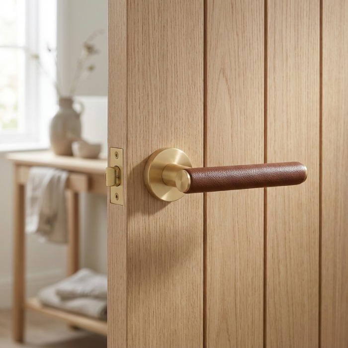 Egeria - Matt Gold and Brown Leather Egeria on Round Rosette in matt gold with brown leather grip, showcasing premium internal door handles on a natural wood door.