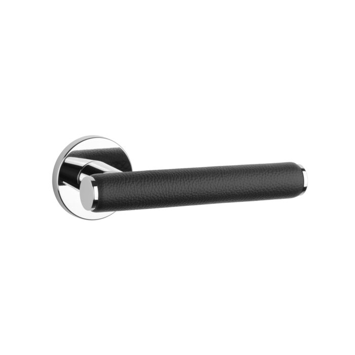 Egeria on Round Rosette door handle in polished chrome with a black leather grip – a premium internal door handle with a sleek, modern design.