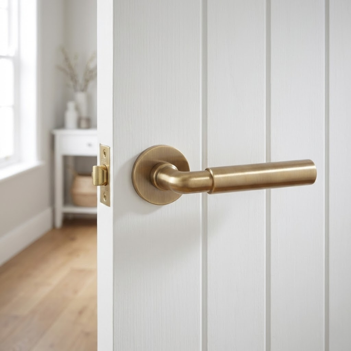 Ficaria - Antique Patina Ficaria on Round Rosette in antique patina, featuring elegant brass door handles on a white interior door.