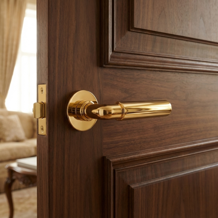 Ficaria - Polished Gold Ficaria on Round Rosette in polished gold, highlighting elegant brass door handles on a rich wooden door for a luxurious interior look.