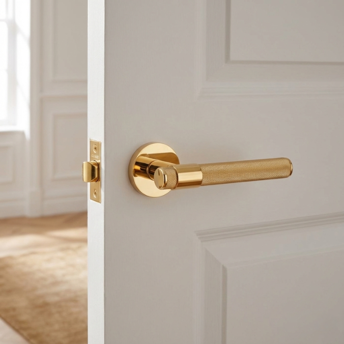 Gloria - Polished Gold Gloria on Round Rosette in polished gold, featuring modern brass door handles with a textured knurled grip on a white interior door.