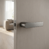 Sorella on Hidden Rosette in graphite, highlighting a contemporary door handle design on a light wood door.