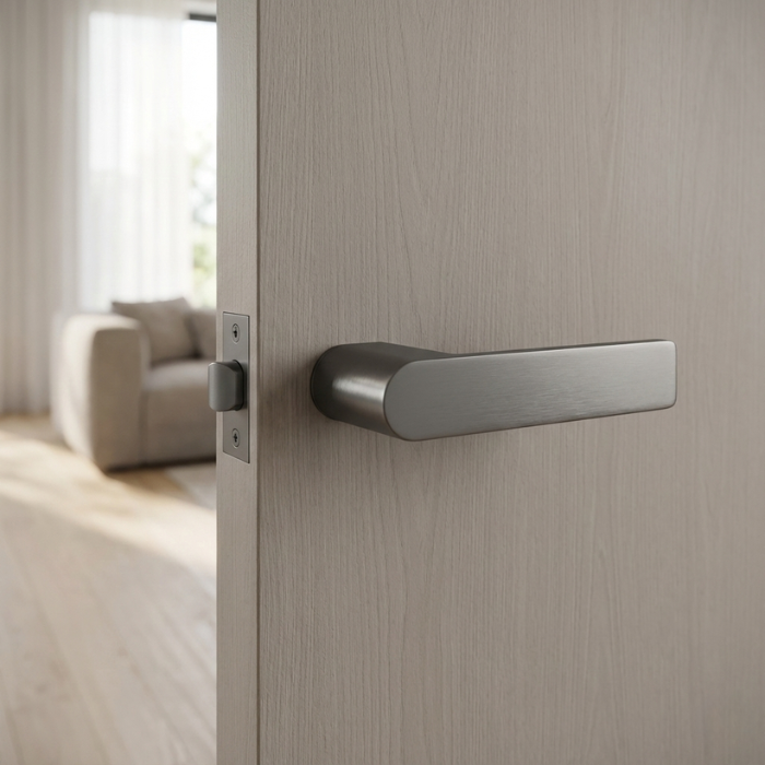 Sorella - Graphite Sorella on Hidden Rosette in graphite, highlighting a contemporary door handle design on a light wood door.