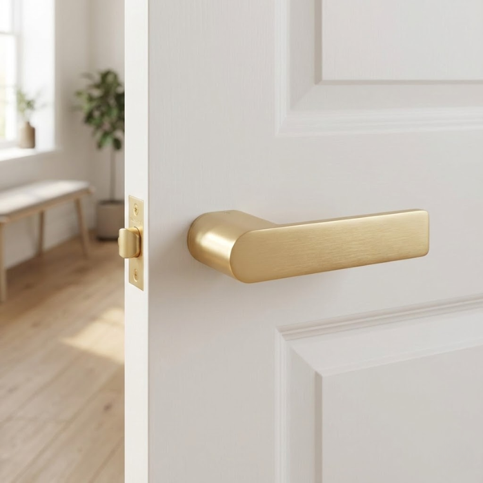 Sorella - Matt Gold Sorella on Hidden Rosette in matt gold, showcasing a contemporary door handle design against a white panel door.