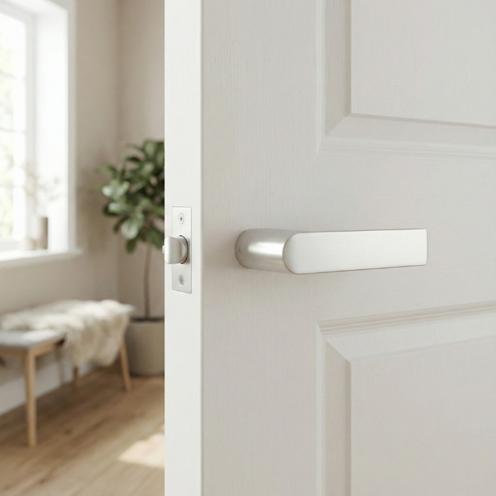 Sorella - Satin Nickel Sorella on Hidden Rosette in satin nickel, a sleek contemporary door handle design on a white interior door.