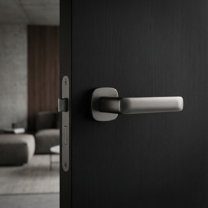 Stella QR - Graphite Stella on Rounded Square Rosette in matt black finish, showcasing modern round square door handles on a dark interior door