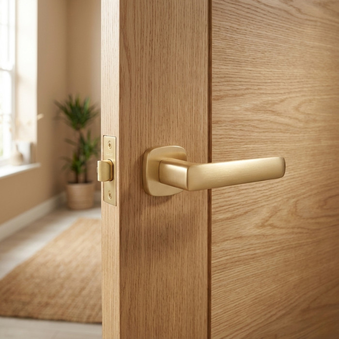 Stella - QR - Matt Gold Stella on Rounded Square Rosette in matt gold, featuring modern round square door handles on a light oak interior door.