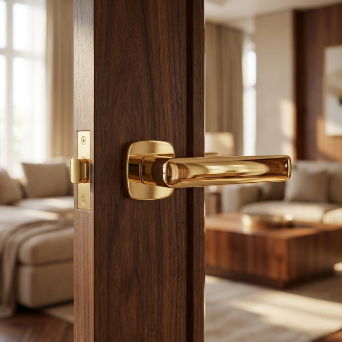 Stella QR - Polished Gold Stella on Rounded Square Rosette in polished gold, elegant modern round square door handles fitted to a rich wooden door.