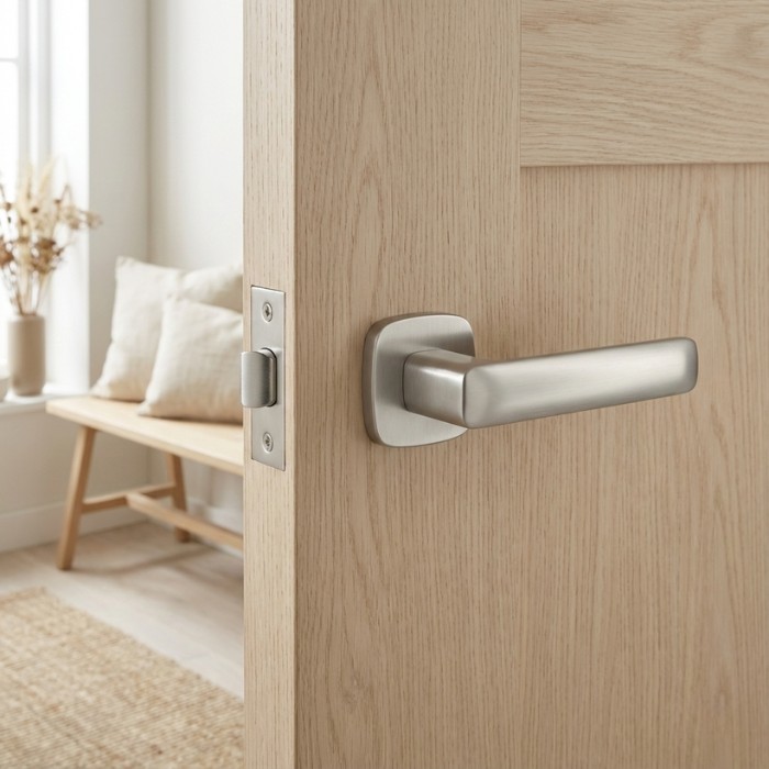Stella QR - Satin Nickel Stella on Rounded Square Rosette in satin nickel, stylish modern round square door handles on a natural light wood door.
