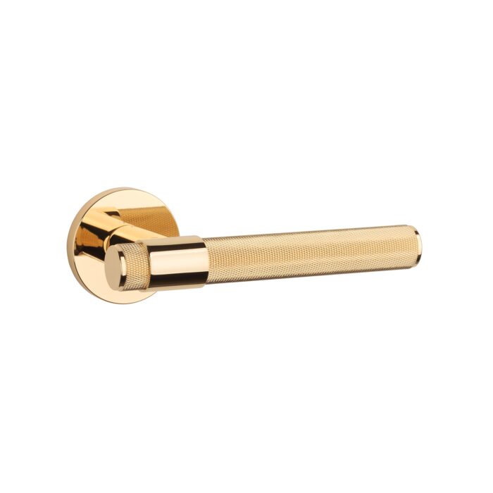 klamka-aprile-gloria-rozeta-r-slim-7mm-lg-zloty Gloria on Round Rosette – modern brass door handle for internal doors featuring a textured grip and polished gold finish.
