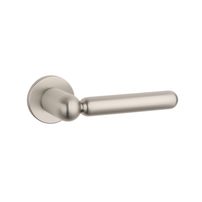 Rubia on Round Rosette in Satin Nickel – modern rounded internal door handle with a smooth satin finish.