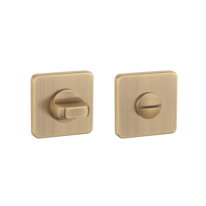 Soft square bathroom thumb turn in antique patina with slim rosette